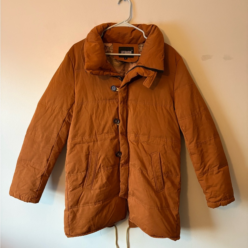 Luyibaidun Camel Brown Long Puffer Jacket, Size XL Women’s